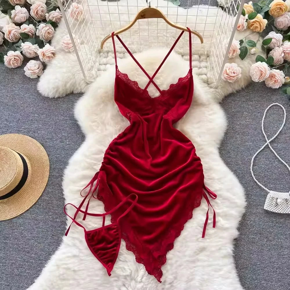 Damen sexy rotes gerafftes Minikleid ärmellos rückenfrei Spaghettiträgerkleid Kordelzug Bodycon Party Clubkleid mit Stringtanga
