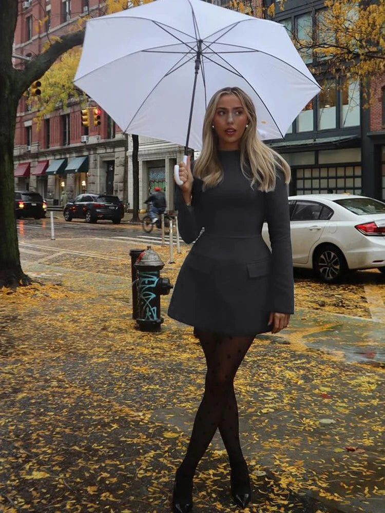 Dulzura Langarm Reißverschluss Bodycon Minikleid mit Taschen Einfarbig Elegantes Outfit Büro Streetwear Damen Herbst Winter Kleidung