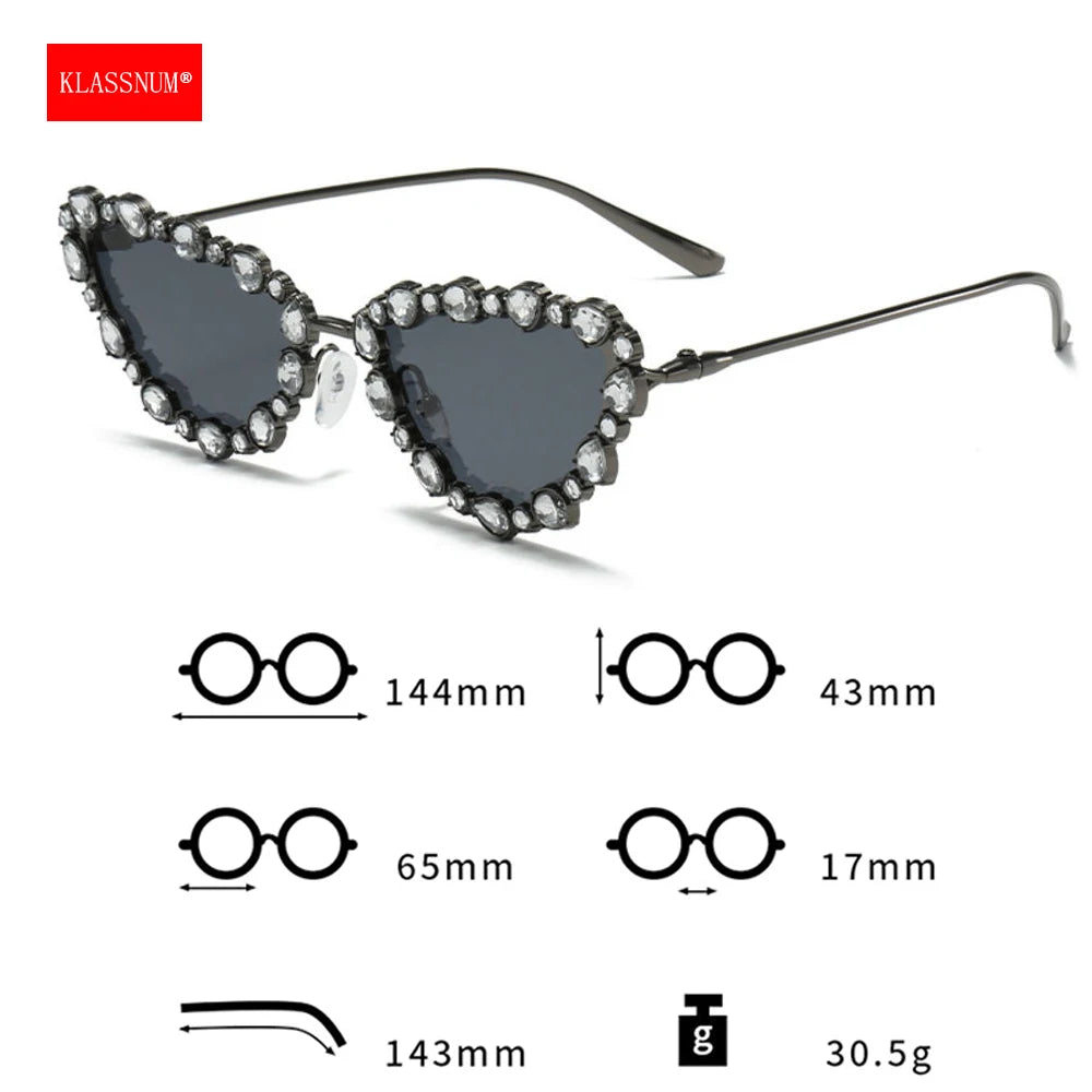KLASSNUM Luxury Woman Sunglasses Cat-eye Rhinestone Sunglasses 2024 Trendy Party Eyepiece Glitter Metal Frame Color Lens Shades