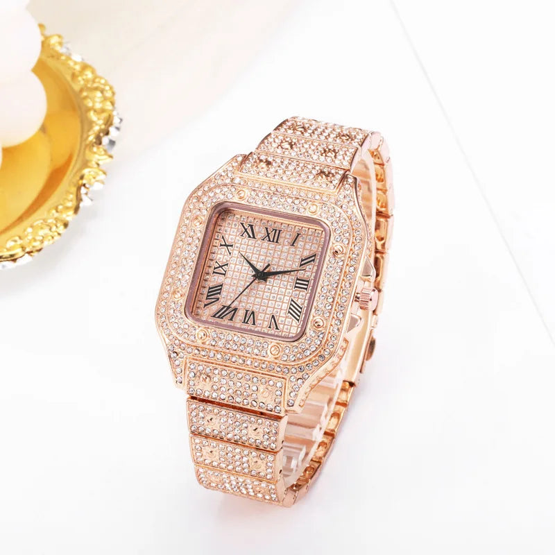 UTHAI L77 Watch For Men Fashion Luxury Gold Square Diamond Full Sky Star Male's Clock Watches Steel Band Quartz Wristwatch