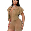 Women Clothes Sexy Female Fitness Gym Jumpsuit Shorts Acid Wash Vintage Bodycon Romper One Piece Short Sleeve Jacket 2 Piece Set
