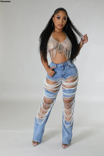 Women's Destroyed Ripped Hole Denim Pants Pearl Rhinestones Chain Distressed Slim Fit Skinny Jeans Y2K Night Club Party Jeans