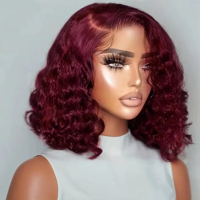 200% 99J Burgund Kurze Bob Haar Perücke 13x4 Lace Front Perücke Echthaar Rot Gefärbt Tiefe Wasserwelle Lace Frontal Perücke 100% Echthaar