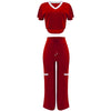 Elegant Women's Casual Short Sleeve T-shirt Sports Suit Summer Fashion Solid V Neck Short Top & Straight Pants Two Piece Sets