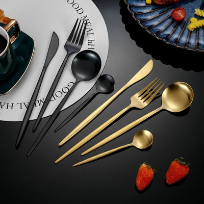 30-teiliges Besteckset schwarz-gold Edelstahl-Menümesser Obstgabel Löffel Besteckset Küchengeschirr Silberbesteck-Sets