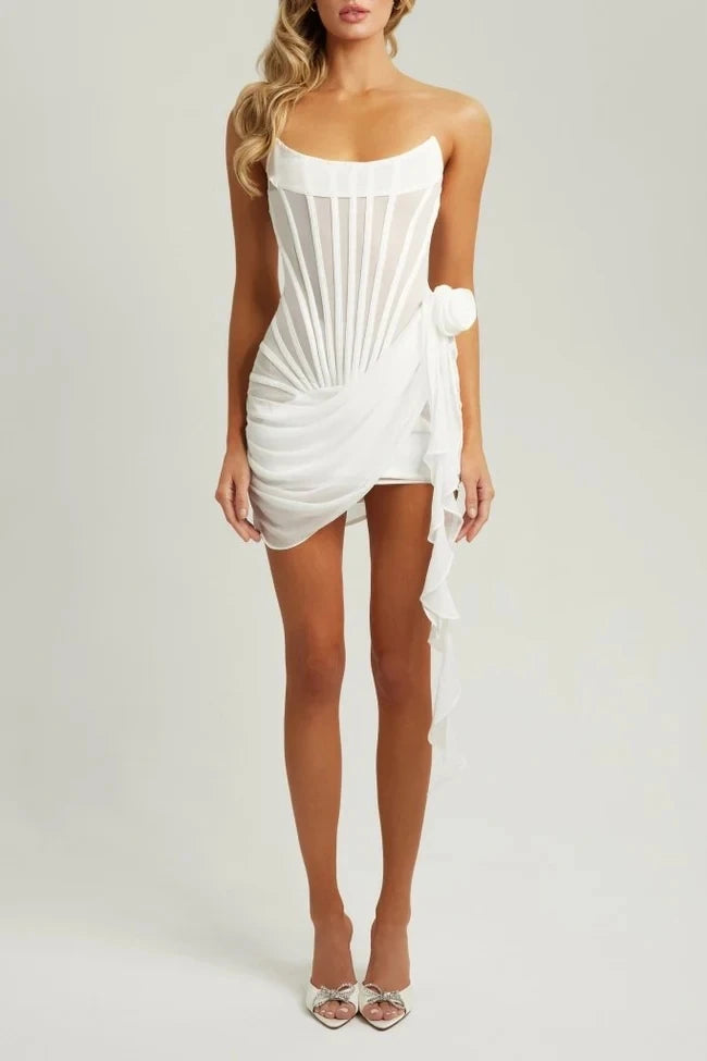 Articat Sexy Trägerloses Bandagenkleid, Zweilagiges Mesh-Patchwork, Damen, Transparent, Blumen-Bänder, Vestidos, Party, Clubwear