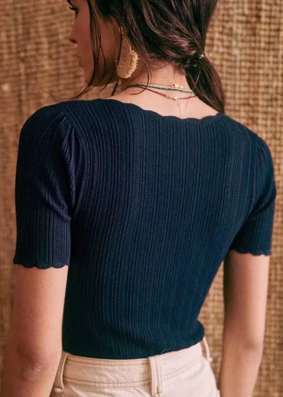 Damen V-Ausschnitt gestricktes Häkel-T-Shirt mit