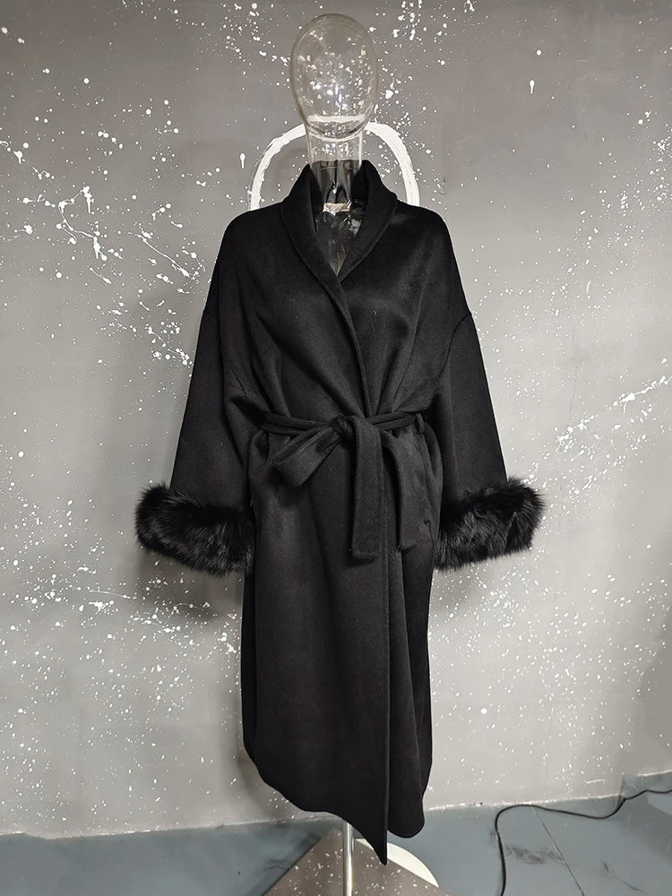 UCXQ Elegant OL Office Lady Overcoats Fur Patchwork Long Sleeve Woolen Coat Beautiful Women's Clothing Jacket Autumn 2025 Winter