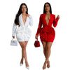 CM.YAYA Women Rose Floral Applique Long Sleeve Bodycon Mini Midi Dress Winter V-neck Club Sexy Party Evening Dresses Vestidos