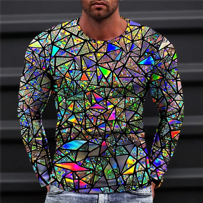 2023 Neues Herbst Herren T-Shirt mit optischer Täuschung, Rundhalsausschnitt, Langarm, 3D-Druck, modisches Oberteil, Pullover T-Shirts, Herrenbekleidung