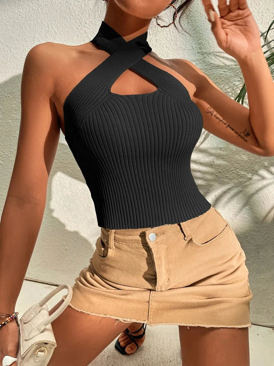 Summer New Women Heart Criss Cross Ribbed Knit Sleeveless Halter Crossfit Y2K Crop Top Clothes Femme Sexy Casual Backless Tank