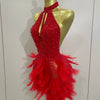 Women Luxury Rhinestones Pearls Feathers Halter Backless Short Dress Women Sexy Celebrate Birthday Dress Nightclub Stage Costume