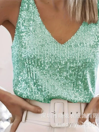 Damen Sommer Neuheit Einfarbig Mode Pailletten Leicht Reif Sexy V-Ausschnitt Ärmelloses Camisole Weste Pullover Top