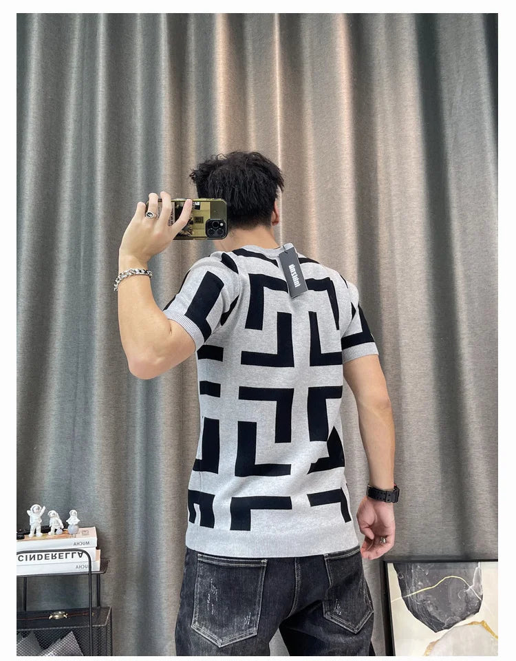 Luxury Men Autumn Knitted Tshirt 2024 Korean O-neck Short Sleeve Top Tees Streetwear Male Social Club Slim Fit Casual T-Shirt