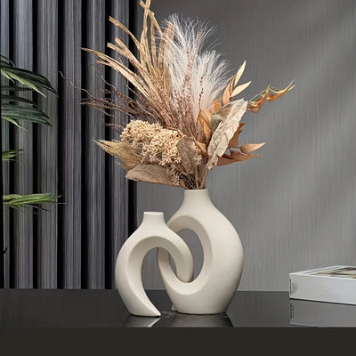 Hohle nordische moderne Keramikvasen im 2er-Set für moderne Heimdekoration, moderne Boho Hohle Blumenvase für Wohnzimmer-Bücherregal