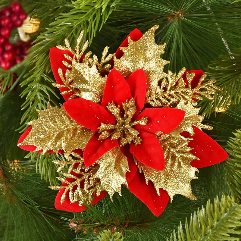 3/10Stück 14cm Weihnachtsblumen Glitzer Rot Gold Blütenkopf Weihnachtsbaumschmuck Neujahrsdekorationen für Zuhause Navidad Noel Geschenke