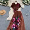 Two Pieces Women Dress Sets Solid Matching Sets V Neck Printing Top High Waist Pleat Dress Loose Fit Casual 2025 Autumn Winter