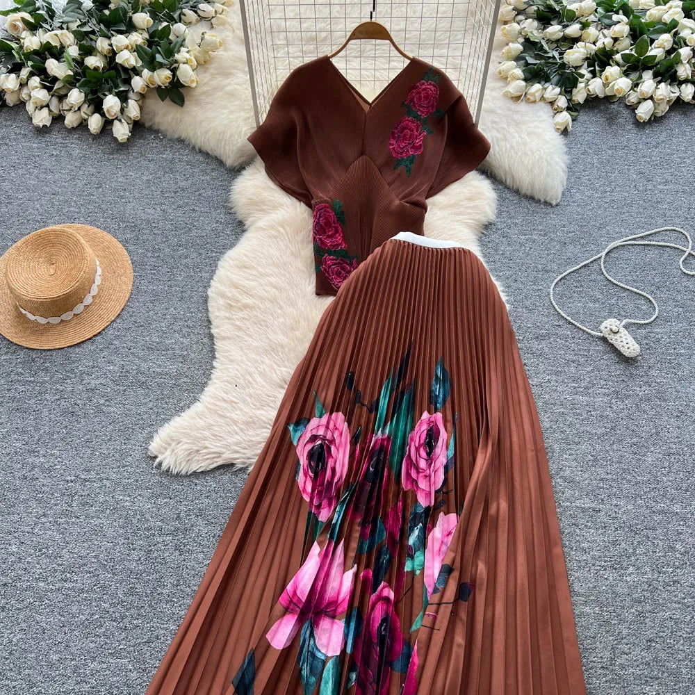 Two Pieces Women Dress Sets Solid Matching Sets V Neck Printing Top High Waist Pleat Dress Loose Fit Casual 2025 Autumn Winter