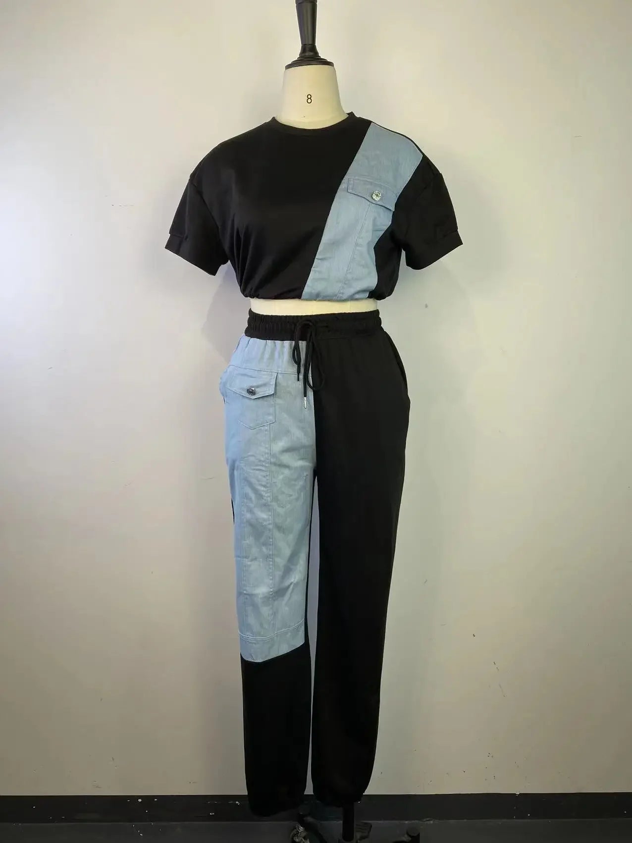 CM.YAYA Workout Denim Patchwork Women Two 2 Piece Set Outfit Sweatsuit 2022 T-shirt and Jogger Pants Matching Set Tracksuit