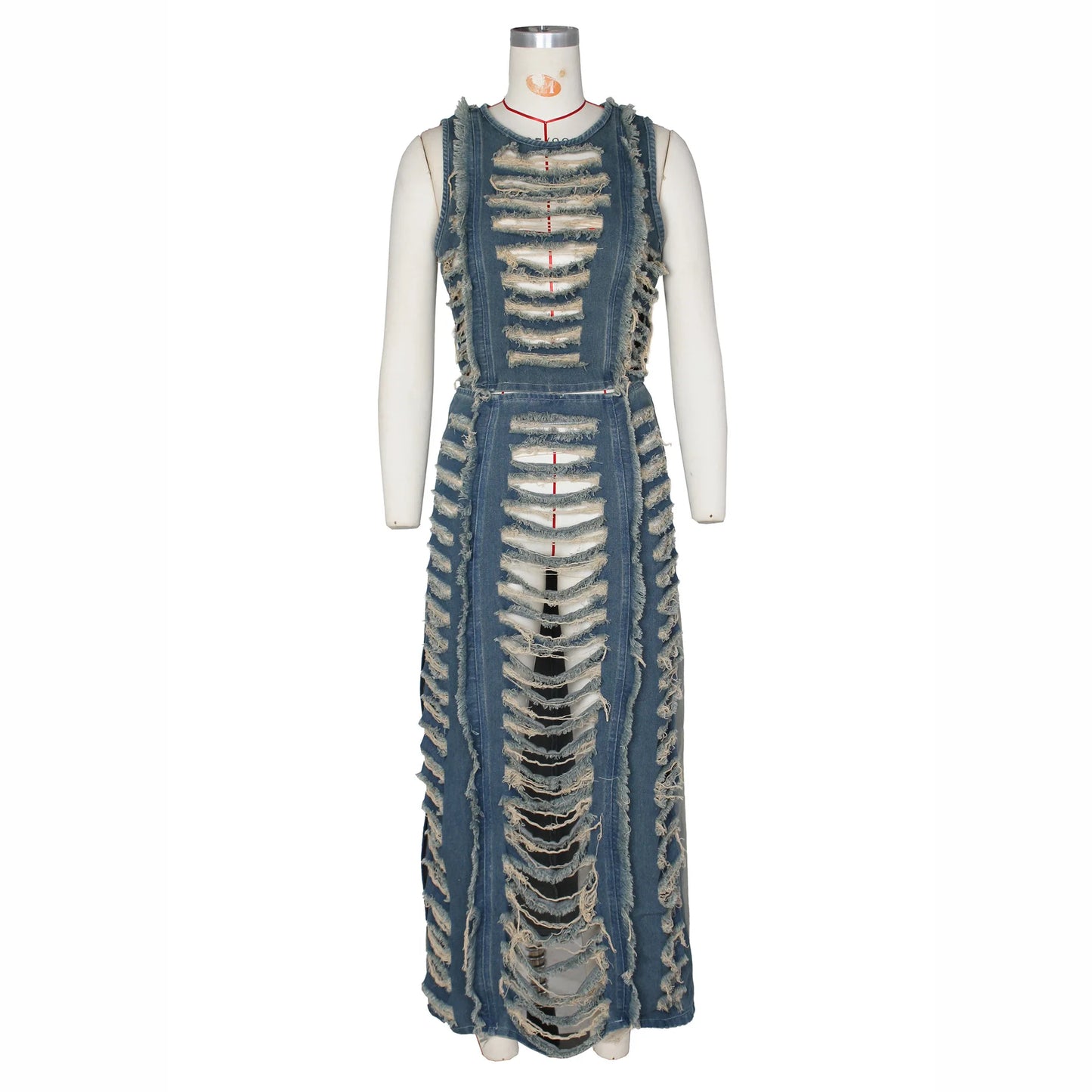 FAGADOER Fashion Streetwear Women Denim Hole Hollow Sleeveless Crop Top And Side Slit Skirts Two Piece Sets Sexy Cowboy Outfits