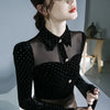 Black Vintage Doll Collar Polka Dot Gold Velvet Top Women's Autumn and Winter Gauze Splicing Perspective Sexy T-shirt