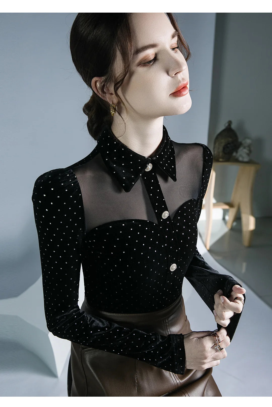 Black Vintage Doll Collar Polka Dot Gold Velvet Top Women's Autumn and Winter Gauze Splicing Perspective Sexy T-shirt