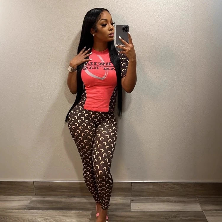 Stretch 2 Piece Set Women Short Sleeve T Shirt Tight Pants Moon Print Slimming Sportswear Sexy Base Fashion