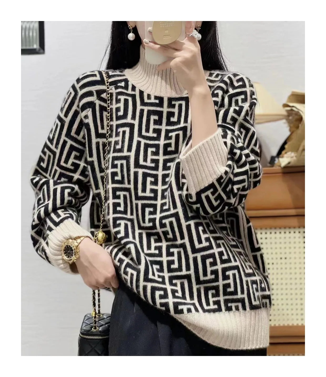 High-End 100% Ziegenwollpullover Damen Stehkragen lockerer Pullover Herbst Winter neuer Stil im Western-Look mit Verjüngungseffekt