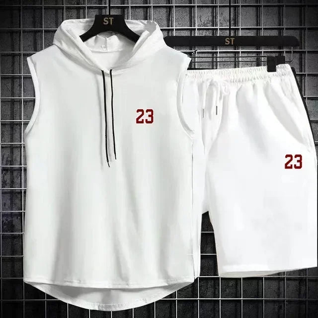 Summer New Men's Sleeveless Hooded T-shirt+shorts pants Sports two-piece set gym  Fashion  Casual Men Women Sports Two Piece Set