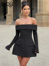BKQU Elegantes schulterfreies Langarm-Minikleid für Damen, sexy trägerloses, rückenfreies, schmales A-Linien-Kurzleid, elegantes Party-Vestido
