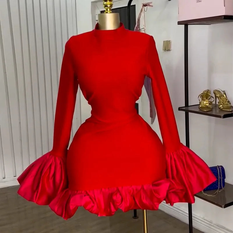 CM.YAYA Women O-neck Long Flare Sleeve Ruffles Mini Dress 2025 Spring Sweet Sexy Birthday Evening Night Party Vestidos Dresses