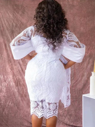 Weiße Spitzenkleider für Damen Vintage Rundhals Stickerei Tunika Etuikleid Retro Elegantes Midikleid Urlaub Party Hochzeitskleider