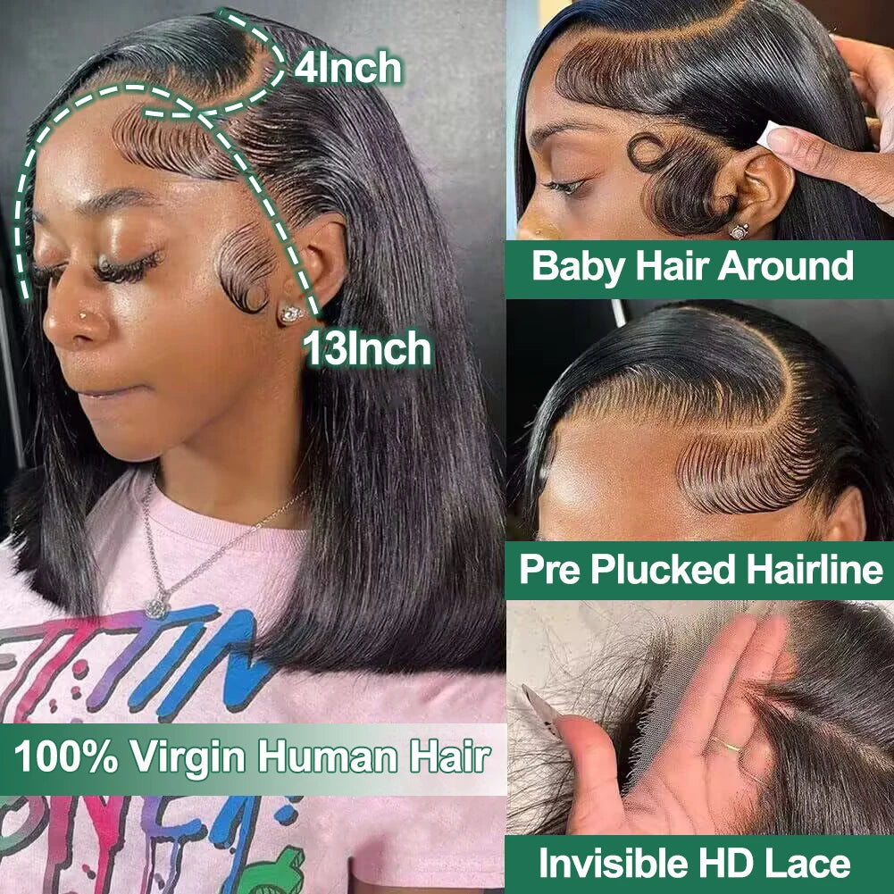 Bob Perücke Echthaar 13X4 Lace Front Perücke 180% Dichte Kurze Glatte Frontale Bob Perücke Transparente Spitze Vorgezupft Mit Babyhaaren