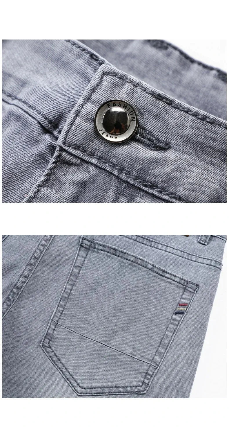 Sommer elastische Herrenjeans Mode Grau Bequeme Business Straight Stretch Baumwolle Casual Denim Hose Marke Männliche Dünne Hosen