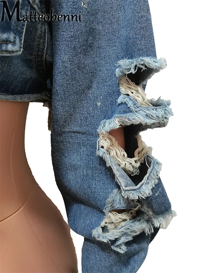 Fashion Zerissene Löcher Langarm Kurze Jeansjacke Damen Trend Streetwear Freizeit Oberbekleidung Damen Doppelknopf Splicing Mantel