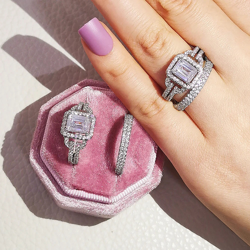 2023 New Luxury Silver Color Luxury Big Wedding Rings Set for Bridal Women Engagement Finger Party Gift Designer Jewelry R4428