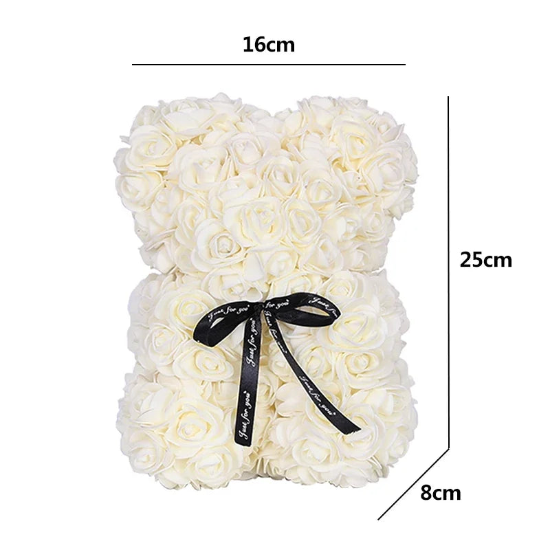 25cm Artificial Teddy Rose Flower Bear with Box Romantic Valentines Day Gift Girlfriend Women Mother Birthday Wedding Party Deco
