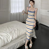 Elegant Camisole Dress for Women's Summer New Sleeveless Slim fit Knitted Striped Mid Length Dresses