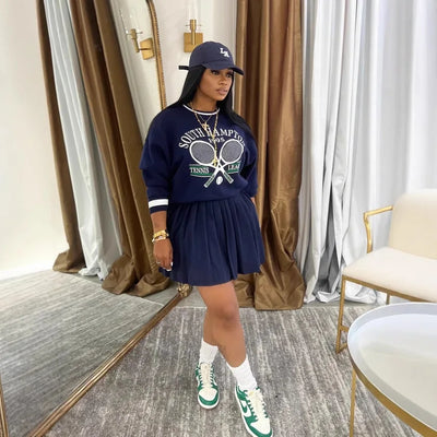 Skirt Pleated Sweatshirt Two Piece Set Fashion O Neck Long Sleeve Sweatshirt Tops Mini Skirts Casual Party Skirt Set