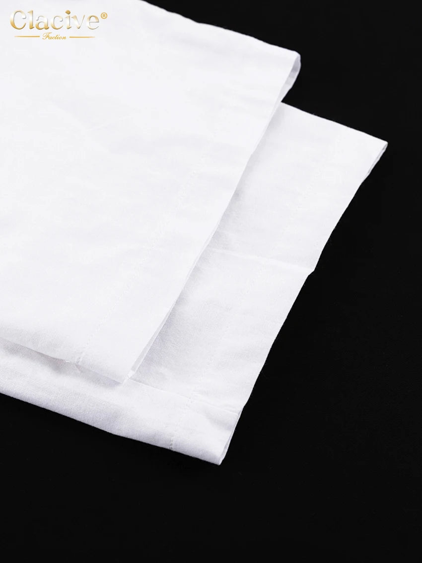 Clacive Summer White Linen Two Piece Set For Women 2023 Fashion Sleeveless Tank Top New In Matching High Waist Wide Pants Set