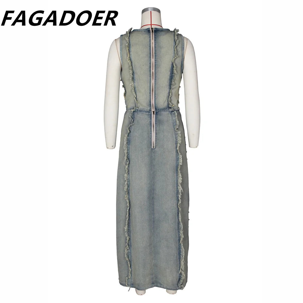 FAGADOER Fashion Streetwear Women Denim Hole Hollow Sleeveless Crop Top And Side Slit Skirts Two Piece Sets Sexy Cowboy Outfits