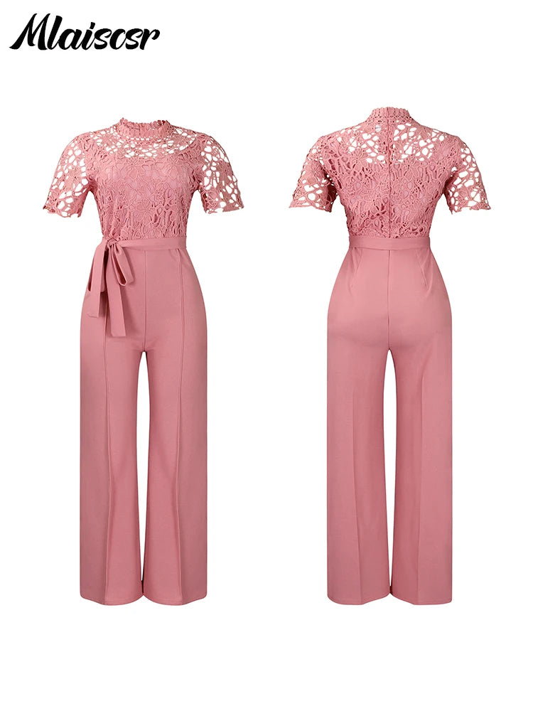 Mlaiscsr Elegant White Jumpsuits with Sashes Club Outfit for Women Lace Patchwork Short Sleeve Birthday Party One Piece Rompers