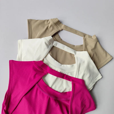 Sexy Kurzes Rückenfreies Sport-T-Shirt mit festem Brustpolster Damen Eng Anliegendes Schnell Trocknendes Schlankmachendes Yoga-Top