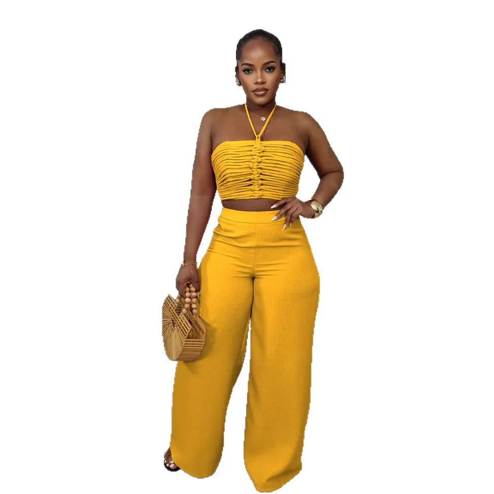Pant Set Women Two Piece Sets Sexy Sleeveless Tops Drawstring Wide Leg Long Pants High Waist Y2k Streetwear Elegant Splice