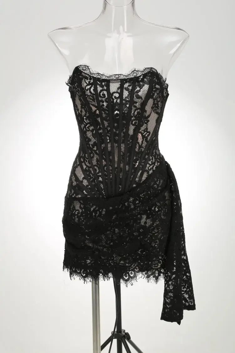 XIAOTANG Elegantes Trägerloses Spitzenkleid für Damen, sexy, modisch, schulterfrei, unregelmäßig gerafft, Bodycon, Nachtclub-Partykleid
