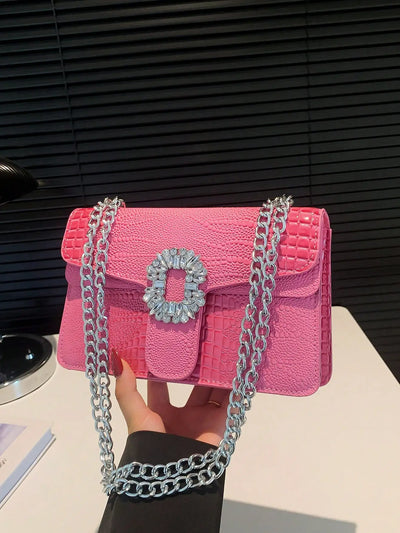 Crocodile Embossed Shoulder Bags For Women Flap PU Leather Fashion Rhinestone Decor Small Square Crossbody Bag Designer Handbag