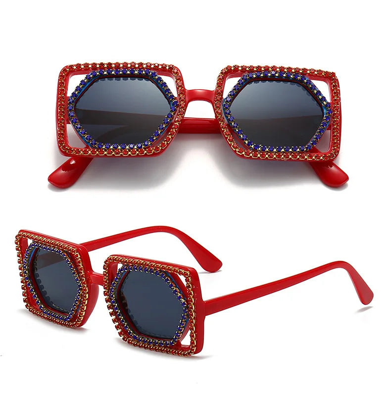Quadratische Luxus Diamanten Sonnenbrille Damen Punk Mode Strass Sonnenbrille Weiblich Glänzend Sexy Gelbe Linse Brille Schatten Handgemacht