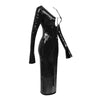 Abendkleid Damen Elegant Pailletten Tiefer V-Ausschnitt Langarm Midikleid Sexy Luxuriös Rückenausschnitt Schnürung Knöchellang Bandage Partykleid