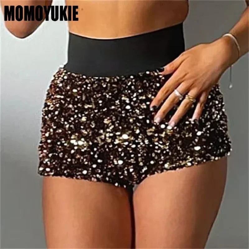 2023 Sommer Damen Mini Shorts Modetrend Pailletten Hohe Taille Glitzer Kleidung Sexy Skinny Party Nachtclub Shorts Streetwear