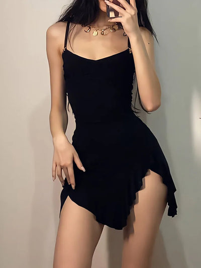 Sexy Sommer Minikleid Damen Neue Schwarze Mode Streetwear Ärmellos Rückenfrei Falten Split Kleid Elegantes Party Spaghetti-Träger A-Linien-Kleid